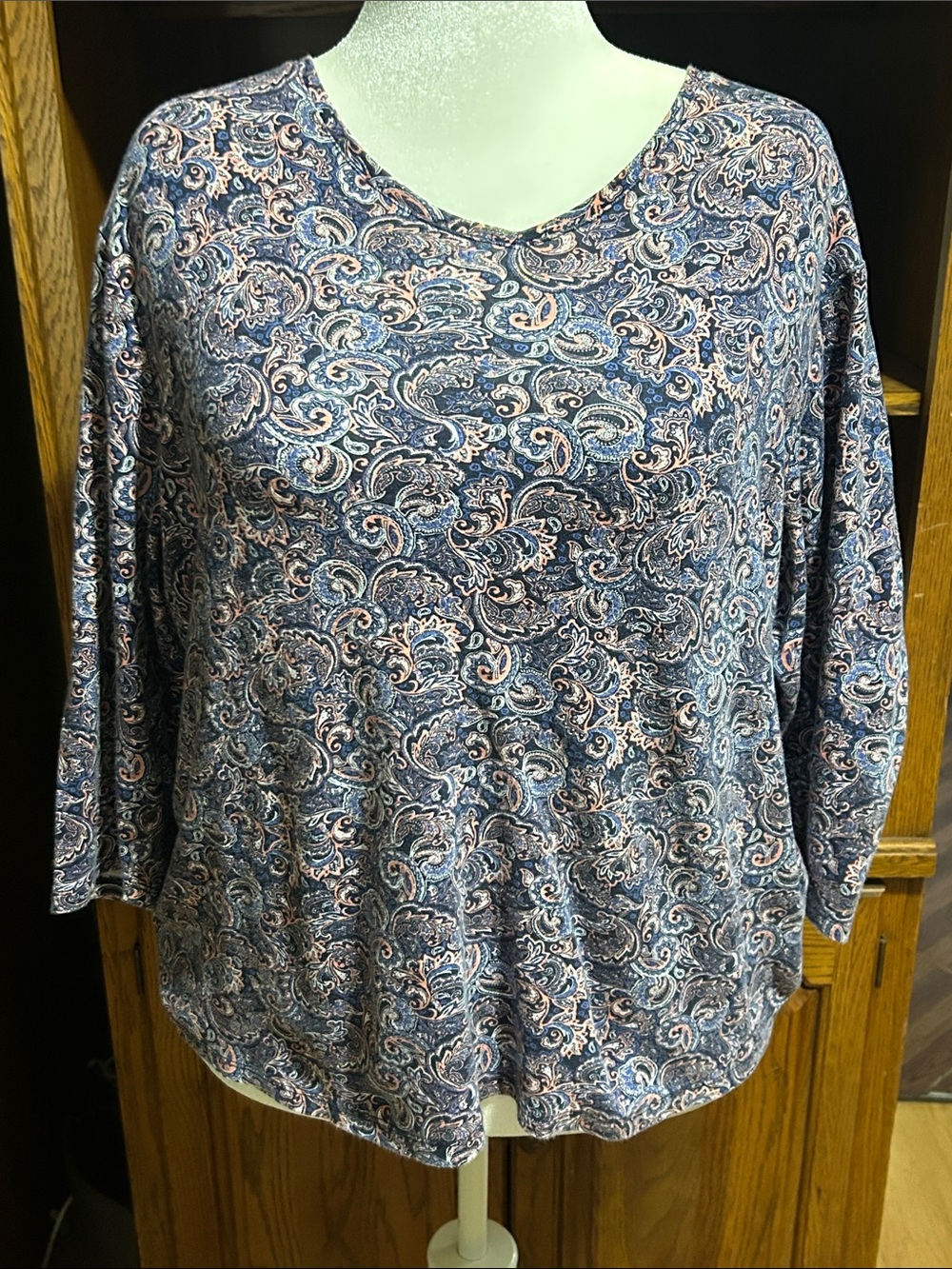 Laura Scott Paisley V-Neck Long Sleeve Top - Blue and Pink Size 1X